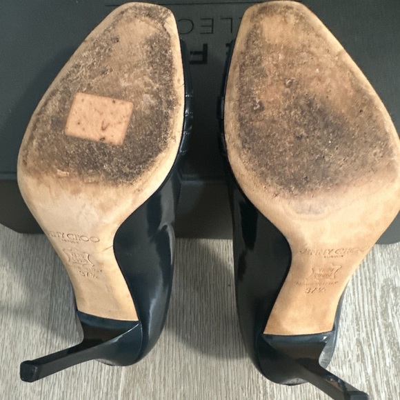 Jimmy Choo Metallic Gray Patent Leather Double Buckle Pumps - Picture 15 of 15